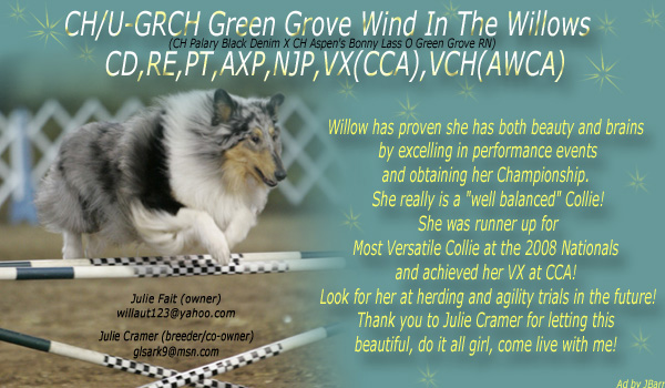 Julie Fait/Julie Cramer -- CH/U-GRCH Green Grove Wind In The Willows CD,RE,PT,AXP,NJP,VX(CCA),VCH (AWCA)