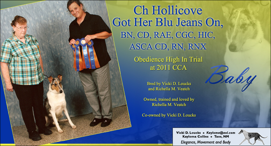Richella Veatch and Vicki Loucks -- Ch Hollicove Got Her Blu Jeans On, BN, CD, RAE, CGC, HIC, ASCA CD, RN, RNX