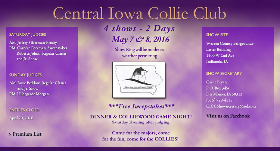 Central Iowa Collie Club -- 2016 Specialty Shows