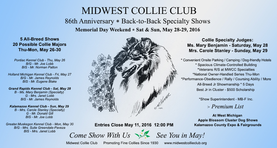 Midwest Collie Club -- 2016 Specialty Shows and Apple Blossom Cluster Dog Shows