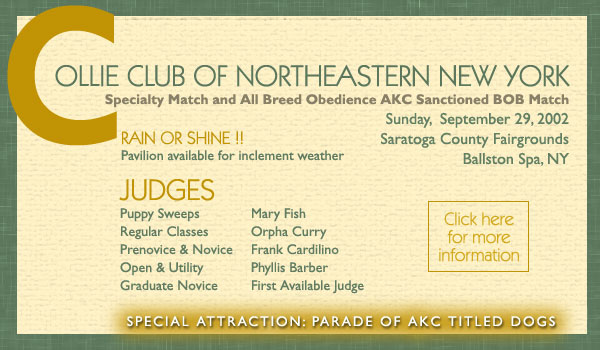 CC of Northeastern New York -- Specialty Match and All Breed Obedience, Sunday, Sept. 29 