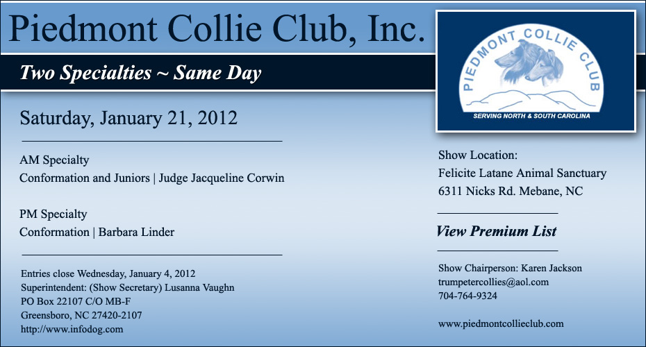 Piedmont Collie Club -- 2012 Specialty Shows