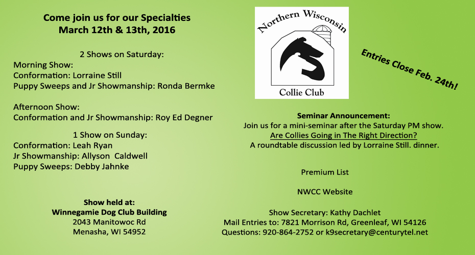 Northern Wisconsin Collie Club -- 2016 Specialty Shows and Seminar