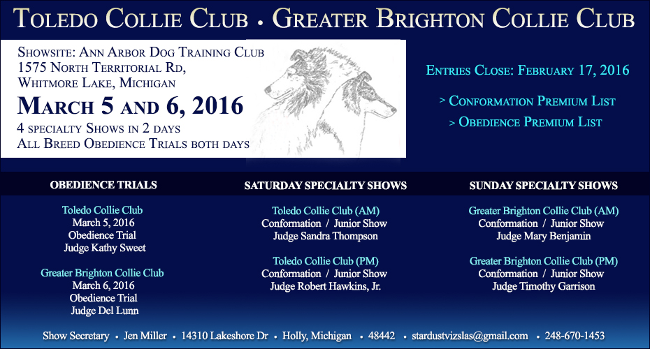 Toledo Collie Club / Greater Brighton Collie Club -- 2016 Specialty Shows and All-Breed Obedience Trials