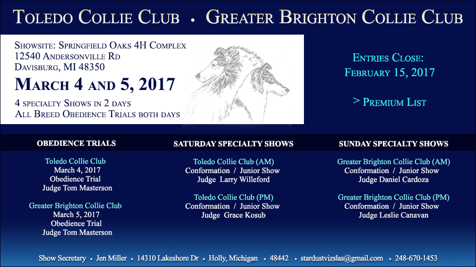 Toledo Collie Club  / Greater Brighton Collie Club -- 2017 Specialty Shows and Obedience Trials