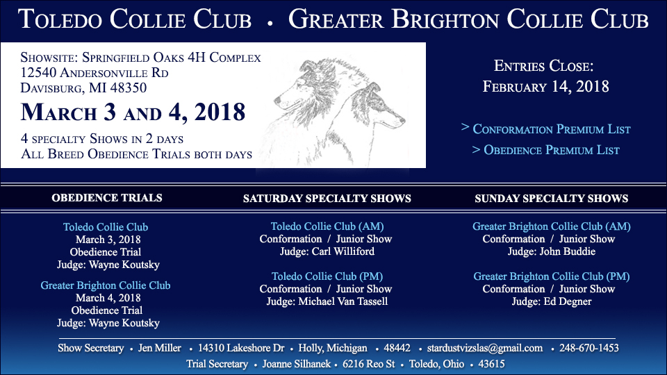 Toledo Collie Club / Greater Brighton Collie Club -- 2018 Specialty Shows and Obedience Trials