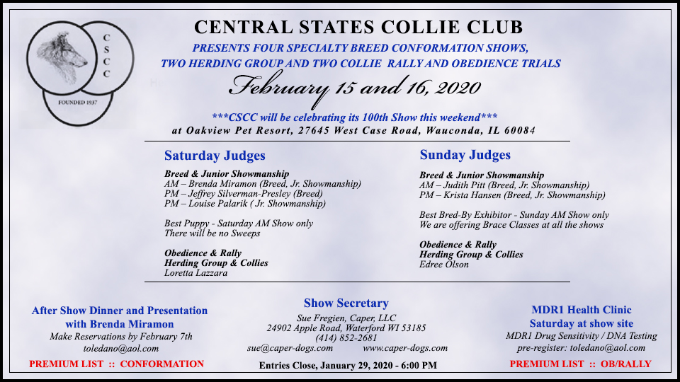 Central States Collie Club -- 2020 Specialty, Herding Group, Rally and Obedience Trials