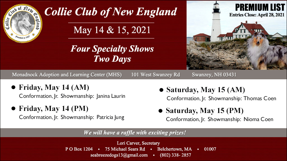 Collie Club of New England -- 2021 Specialty Shows 